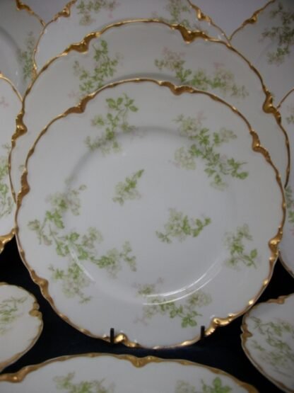 HAVILAND LIMOGES CHINA-  APPLE BLOSSOM #21765- SCHLEIGER 61L- GOLD TRIM, GREEN WITH PINK WHITE FLOWERS (c.1894+)  SALAD PLATE  7 3/8"-  EARLY RANSON SHAPE
