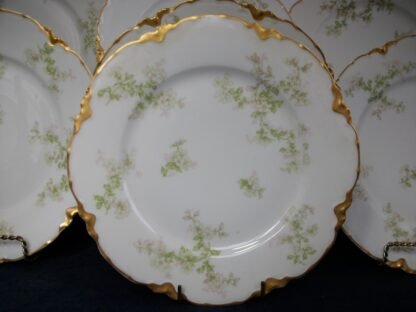 HAVILAND LIMOGES CHINA- APPLE BLOSSOM #21765- SCHLEIGER 61L- GOLD TRIM, GREEN WITH PINK WHITE FLOWERS (c.1894+) LUNCH PLATE 8 5/8"- EARLY RANSON SHAPE