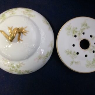 HAVILAND LIMOGES CHINA-  APPLE BLOSSOM #21765- SCHLEIGER 61L- GOLD TRIM, GREEN WITH PINK WHITE FLOWERS (c.1894+)   ROUND DOME & STRAINER FOR BUTTER DISH-  EARLY RANSON SHAPE