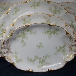 HAVILAND LIMOGES CHINA-  APPLE BLOSSOM #21765- SCHLEIGER 61L- GOLD TRIM, GREEN WITH PINK WHITE FLOWERS (c.1894+)  OVAL SERVING PLATTER  11 1/2" -  EARLY RANSON SHAPE