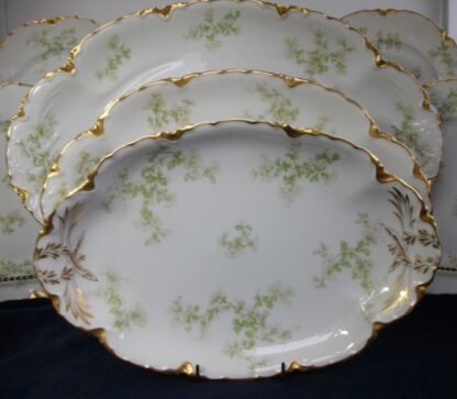 HAVILAND LIMOGES CHINA-  APPLE BLOSSOM #21765- SCHLEIGER 61L- GOLD TRIM, GREEN WITH PINK WHITE FLOWERS (c.1894+)  OVAL SERVING PLATTER  11 1/2" -  EARLY RANSON SHAPE