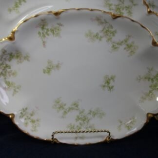 HAVILAND LIMOGES CHINA-  APPLE BLOSSOM #21765- SCHLEIGER 61L- GOLD TRIM, GREEN WITH PINK WHITE FLOWERS (c.1894+)  OVAL SERVING PLATTER  13 5/8" -  EARLY RANSON SHAPE