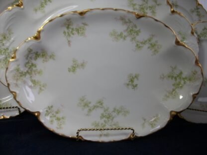 HAVILAND LIMOGES CHINA-  APPLE BLOSSOM #21765- SCHLEIGER 61L- GOLD TRIM, GREEN WITH PINK WHITE FLOWERS (c.1894+)  OVAL SERVING PLATTER  13 5/8" -  EARLY RANSON SHAPE