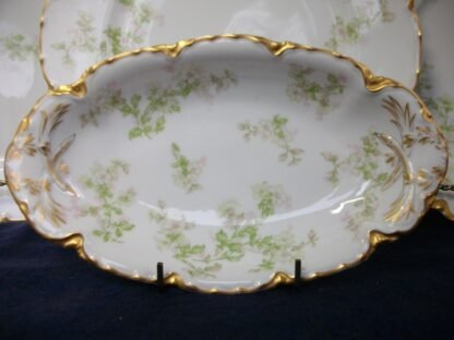 HAVILAND LIMOGES CHINA-  APPLE BLOSSOM #21765- SCHLEIGER 61L- GOLD TRIM, GREEN WITH PINK WHITE FLOWERS (c.1894+)   RELISH DISH  8 3/8" -  EARLY RANSON SHAPE