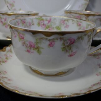 HAVILAND LIMOGES CHINA-  FLORAL GARLAND #22079- SCHLEIGER 525- GOLD TRIM,  PINK WHITE FLOWERS (c.1894+)   CUP & SAUCER- EARLY RANSON SHAPE