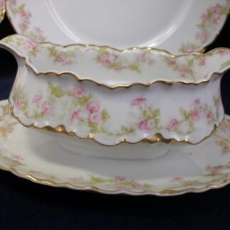 HAVILAND LIMOGES CHINA-  FLORAL GARLAND #22079- SCHLEIGER 525- GOLD TRIM,  PINK WHITE FLOWERS (c.1894+)    GRAVY BOAT WITH ATTACHED UNDERPLATE-  EARLY RANSON SHAPE