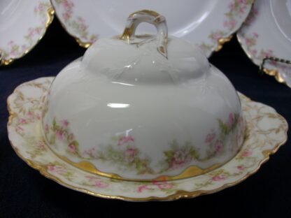 HAVILAND LIMOGES CHINA- FLORAL GARLAND #22079- SCHLEIGER 525- GOLD TRIM, PINK WHITE FLOWERS (c.1894+) ROUND COVERED BUTTER DISH (NO STRAINER)- EARLY RANSON SHAPE