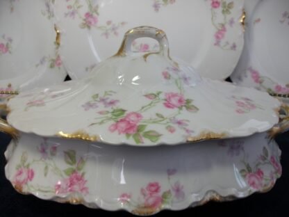 HAVILAND LIMOGES CHINA- SCATTERED ROSES  SCHLEIGER 39F - GOLD DAUBS (c.1894+)  OVAL COVERED SERVING BOWL-  EARLY RANSON SHAPE