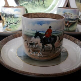 COPELAND SPODE LIONEL EDWARDS FOX HUNT (c.1922) DEMITASSE CUP & SAUCER #4- "A CHECK" & "THE FIRST WHIP" 