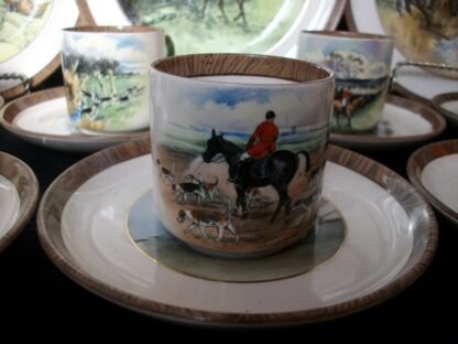 COPELAND SPODE LIONEL EDWARDS FOX HUNT (c.1922) DEMITASSE CUP & SAUCER #4- "A CHECK" & "THE FIRST WHIP" 