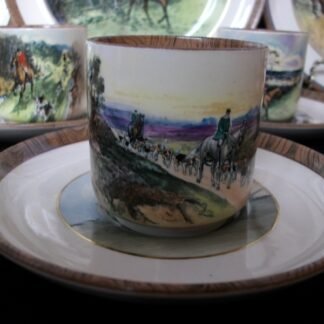 COPELAND SPODE LIONEL EDWARDS FOX HUNT (c.1922) DEMITASSE CUP & SAUCER #7- "HOMEWARD" & "THE SECOND WHIP" 