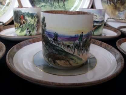 COPELAND SPODE LIONEL EDWARDS FOX HUNT (c.1922) DEMITASSE CUP & SAUCER #7- "HOMEWARD" & "THE SECOND WHIP" 