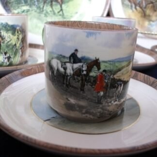 COPELAND SPODE LIONEL EDWARDS FOX HUNT (c.1922) DEMITASSE CUP & SAUCER #8- "GONE TO GROUND" & "THE SECOND WHIP" 