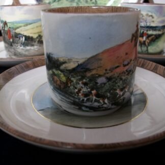 COPELAND SPODE LIONEL EDWARDS FOX HUNT (c.1922) DEMITASSE CUP & SAUCER #9- "STAG AT BAY" & "THE SECOND WHIP" 