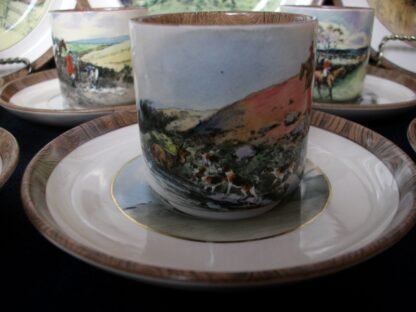 COPELAND SPODE LIONEL EDWARDS FOX HUNT (c.1922) DEMITASSE CUP & SAUCER #9- "STAG AT BAY" & "THE SECOND WHIP" 