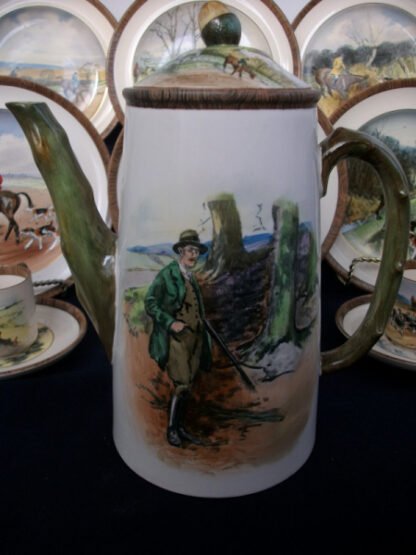 COPELAND SPODE LIONEL EDWARDS FOX HUNT (c.1922) COFFEE POT  4 CUPPER-  "THE GAMEKEEPER" & "THE TERRIOR MAN"; LID "FULL CRY"