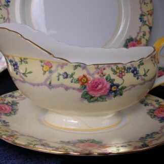 AYNSLEY CHINA MELROSE 7259 -  FLORAL BORDER ON CREAM GROUND  (c.1930+)  GRAVY BOAT (FOOT REPAIR, HAIRLINE) & UNDERPLATE