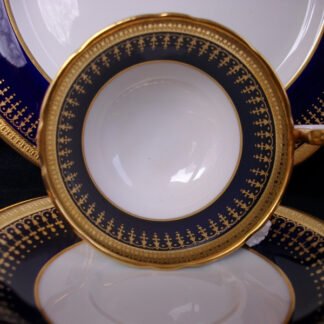 AYNSLEY CHINA HERTFORD COBALT 7081  SCALLOPED  (c.1934+)  CUP AND SAUCER- ENCRUSTED  GOLD RIM WITH GOLD FILIGREE