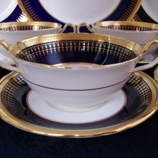 AYNSLEY CHINA HERTFORD COBALT 7081  SCALLOPED  (c.1934+)  SOUP BOWL AND SAUCER- ENCRUSTED  GOLD RIM WITH GOLD FILIGREE