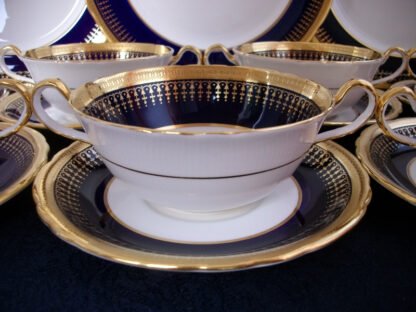 AYNSLEY CHINA HERTFORD COBALT 7081  SCALLOPED  (c.1934+)  SOUP BOWL AND SAUCER- ENCRUSTED  GOLD RIM WITH GOLD FILIGREE